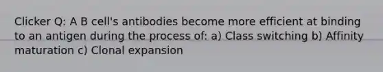 Clicker Q: A B cell's antibodies become more efficient at binding to an antigen during the process of: a) Class switching b) Affinity maturation c) Clonal expansion