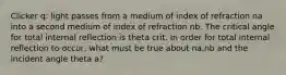 Clicker q: light passes from a medium of index of refraction na into a second medium of index of refraction nb. The critical angle for total internal reflection is theta crit. In order for total internal reflection to occur, what must be true about na,nb and the incident angle theta a?