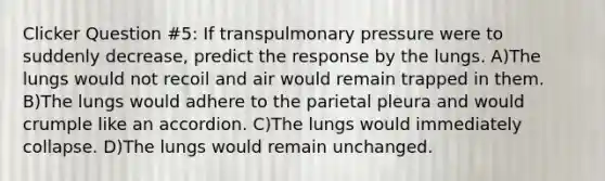 Clicker Question #5: If transpulmonary pressure were to suddenly decrease, predict the response by the lungs. A)The lungs would not recoil and air would remain trapped in them. B)The lungs would adhere to the parietal pleura and would crumple like an accordion. C)The lungs would immediately collapse. D)The lungs would remain unchanged.