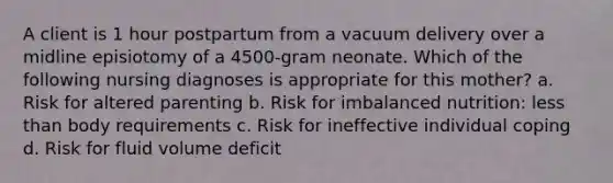 A client is 1 hour postpartum from a vacuum delivery over a midline episiotomy of a 4500-gram neonate. Which of the following nursing diagnoses is appropriate for this mother? a. Risk for altered parenting b. Risk for imbalanced nutrition: less than body requirements c. Risk for ineffective individual coping d. Risk for fluid volume deficit