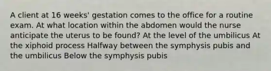 A client at 16 weeks' gestation comes to the office for a routine exam. At what location within the abdomen would the nurse anticipate the uterus to be found? At the level of the umbilicus At the xiphoid process Halfway between the symphysis pubis and the umbilicus Below the symphysis pubis