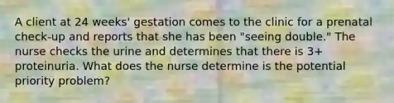 A client at 24 weeks' gestation comes to the clinic for a prenatal check-up and reports that she has been "seeing double." The nurse checks the urine and determines that there is 3+ proteinuria. What does the nurse determine is the potential priority problem?