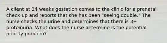 A client at 24 weeks gestation comes to the clinic for a prenatal check-up and reports that she has been "seeing double." The nurse checks the urine and determines that there is 3+ proteinuria. What does the nurse determine is the potential priority problem?