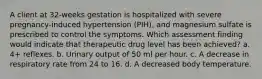 A client at 32-weeks gestation is hospitalized with severe pregnancy-induced hypertension (PIH), and magnesium sulfate is prescribed to control the symptoms. Which assessment finding would indicate that therapeutic drug level has been achieved? a. 4+ reflexes. b. Urinary output of 50 ml per hour. c. A decrease in respiratory rate from 24 to 16. d. A decreased body temperature.