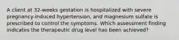 A client at 32-weeks gestation is hospitalized with severe pregnancy-induced hypertension, and magnesium sulfate is prescribed to control the symptoms. Which assessment finding indicates the therapeutic drug level has been achieved?