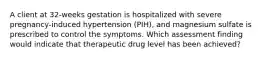 A client at 32-weeks gestation is hospitalized with severe pregnancy-induced hypertension (PIH), and magnesium sulfate is prescribed to control the symptoms. Which assessment finding would indicate that therapeutic drug level has been achieved?