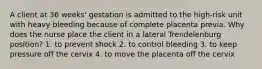 A client at 36 weeks' gestation is admitted to the high-risk unit with heavy bleeding because of complete placenta previa. Why does the nurse place the client in a lateral Trendelenburg position? 1. to prevent shock 2. to control bleeding 3. to keep pressure off the cervix 4. to move the placenta off the cervix