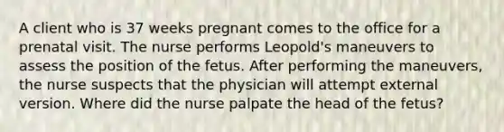 A client who is 37 weeks pregnant comes to the office for a prenatal visit. The nurse performs Leopold's maneuvers to assess the position of the fetus. After performing the maneuvers, the nurse suspects that the physician will attempt external version. Where did the nurse palpate the head of the fetus?