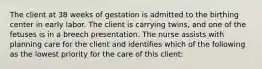 The client at 38 weeks of gestation is admitted to the birthing center in early labor. The client is carrying twins, and one of the fetuses is in a breech presentation. The nurse assists with planning care for the client and identifies which of the following as the lowest priority for the care of this client: