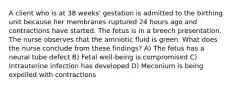 A client who is at 38 weeks' gestation is admitted to the birthing unit because her membranes ruptured 24 hours ago and contractions have started. The fetus is in a breech presentation. The nurse observes that the amniotic fluid is green. What does the nurse conclude from these findings? A) The fetus has a neural tube defect B) Fetal well-being is compromised C) Intrauterine infection has developed D) Meconium is being expelled with contractions