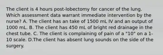 The client is 4 hours post-lobectomy for cancer of the lung. Which assessment data warrant immediate intervention by the nurse? A. The client has an take of 1500 mL IV and an output of 1000 mL. B. The client has 450 mL of bright red drainage in the chest tube. C. The client is complaining of pain of a "10" on a 1-10 scale. D.The client has absent lung sounds on the side of the surgery.