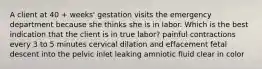 A client at 40 + weeks' gestation visits the emergency department because she thinks she is in labor. Which is the best indication that the client is in true labor? painful contractions every 3 to 5 minutes cervical dilation and effacement fetal descent into the pelvic inlet leaking amniotic fluid clear in color