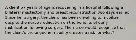 A client 57 years of age is recovering in a hospital following a bilateral mastectomy and breast reconstruction two days earlier. Since her surgery, the client has been unwilling to mobilize despite the nurse's education on the benefits of early mobilization following surgery. The nurse would recognize that the client's prolonged immobility creates a risk for what?