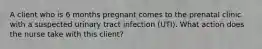 A client who is 6 months pregnant comes to the prenatal clinic with a suspected urinary tract infection (UTI). What action does the nurse take with this client?