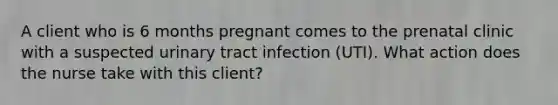 A client who is 6 months pregnant comes to the prenatal clinic with a suspected urinary tract infection (UTI). What action does the nurse take with this client?