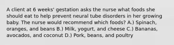 A client at 6 weeks' gestation asks the nurse what foods she should eat to help prevent neural tube disorders in her growing baby. The nurse would recommend which foods? A.) Spinach, oranges, and beans B.) Milk, yogurt, and cheese C.) Bananas, avocados, and coconut D.) Pork, beans, and poultry