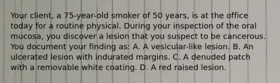 Your client, a 75-year-old smoker of 50 years, is at the office today for a routine physical. During your inspection of the oral mucosa, you discover a lesion that you suspect to be cancerous. You document your finding as: A. A vesicular-like lesion. B. An ulcerated lesion with indurated margins. C. A denuded patch with a removable white coating. D. A red raised lesion.