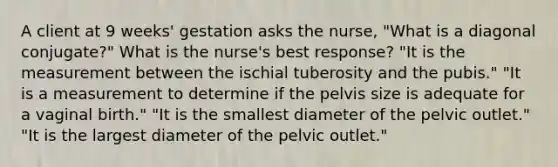 A client at 9 weeks' gestation asks the nurse, "What is a diagonal conjugate?" What is the nurse's best response? "It is the measurement between the ischial tuberosity and the pubis." "It is a measurement to determine if the pelvis size is adequate for a vaginal birth." "It is the smallest diameter of the pelvic outlet." "It is the largest diameter of the pelvic outlet."