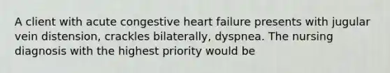 A client with acute congestive heart failure presents with jugular vein distension, crackles bilaterally, dyspnea. The nursing diagnosis with the highest priority would be