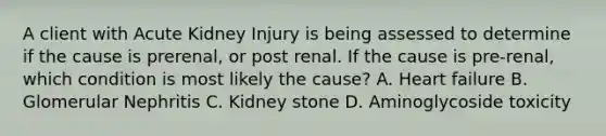 A client with Acute Kidney Injury is being assessed to determine if the cause is prerenal, or post renal. If the cause is pre-renal, which condition is most likely the cause? A. Heart failure B. Glomerular Nephritis C. Kidney stone D. Aminoglycoside toxicity