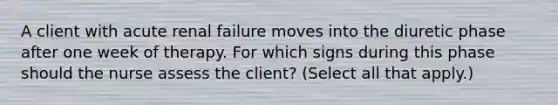 A client with acute renal failure moves into the diuretic phase after one week of therapy. For which signs during this phase should the nurse assess the client? (Select all that apply.)