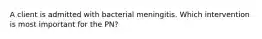 A client is admitted with bacterial meningitis. Which intervention is most important for the PN?