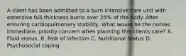 A client has been admitted to a burn intensive care unit with extensive full-thickness burns over 25% of the body. After ensuring cardiopulmonary stability, What would be the nurses immediate, priority concern when planning this clients care? A. Fluid status. B. Risk of infection C. Nutritional Status D. Psychosocial coping