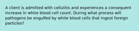 A client is admitted with cellulitis and experiences a consequent increase in white blood cell count. During what process will pathogens be engulfed by white blood cells that ingest foreign particles?