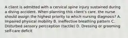 A client is admitted with a cervical spine injury sustained during a diving accident. When planning this client's care, the nurse should assign the highest priority to which nursing diagnosis? A. Impaired physical mobility B. Ineffective breathing pattern C. Disturbed sensory percception (tactile) D. Dressing or grooming self-care deficit