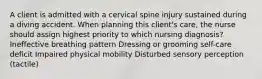 A client is admitted with a cervical spine injury sustained during a diving accident. When planning this client's care, the nurse should assign highest priority to which nursing diagnosis? Ineffective breathing pattern Dressing or grooming self-care deficit Impaired physical mobility Disturbed sensory perception (tactile)