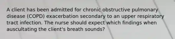 A client has been admitted for chronic obstructive pulmonary disease (COPD) exacerbation secondary to an upper respiratory tract infection. The nurse should expect which findings when auscultating the client's breath sounds?