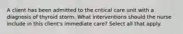 A client has been admitted to the critical care unit with a diagnosis of thyroid storm. What interventions should the nurse include in this client's immediate care? Select all that apply.