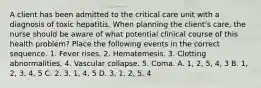 A client has been admitted to the critical care unit with a diagnosis of toxic hepatitis. When planning the client's care, the nurse should be aware of what potential clinical course of this health problem? Place the following events in the correct sequence. 1. Fever rises. 2. Hematemesis. 3. Clotting abnormalities. 4. Vascular collapse. 5. Coma. A. 1, 2, 5, 4, 3 B. 1, 2, 3, 4, 5 C. 2, 3, 1, 4, 5 D. 3, 1, 2, 5, 4