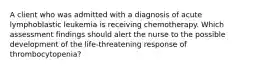 A client who was admitted with a diagnosis of acute lymphoblastic leukemia is receiving chemotherapy. Which assessment findings should alert the nurse to the possible development of the life-threatening response of thrombocytopenia?