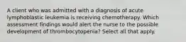 A client who was admitted with a diagnosis of acute lymphoblastic leukemia is receiving chemotherapy. Which assessment findings would alert the nurse to the possible development of thrombocytopenia? Select all that apply.