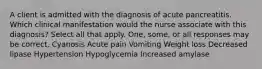 A client is admitted with the diagnosis of acute pancreatitis. Which clinical manifestation would the nurse associate with this diagnosis? Select all that apply. One, some, or all responses may be correct. Cyanosis Acute pain Vomiting Weight loss Decreased lipase Hypertension Hypoglycemia Increased amylase