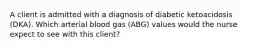 A client is admitted with a diagnosis of diabetic ketoacidosis (DKA). Which arterial blood gas (ABG) values would the nurse expect to see with this client?