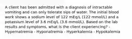 A client has been admitted with a diagnosis of intractable vomiting and can only tolerate sips of water. The initial blood work shows a sodium level of 122 mEq/L (122 mmol/L) and a potassium level of 3.6 mEq/L (3.6 mmol/L). Based on the lab results and symptoms, what is the client experiencing? -Hypernatremia - Hyponatremia - Hyperkalemia - Hypokalemia