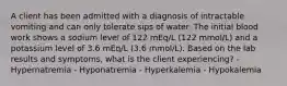 A client has been admitted with a diagnosis of intractable vomiting and can only tolerate sips of water. The initial blood work shows a sodium level of 122 mEq/L (122 mmol/L) and a potassium level of 3.6 mEq/L (3.6 mmol/L). Based on the lab results and symptoms, what is the client experiencing? - Hypernatremia - Hyponatremia - Hyperkalemia - Hypokalemia