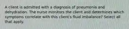 A client is admitted with a diagnosis of pneumonia and dehydration. The nurse monitors the client and determines which symptoms correlate with this client's fluid imbalance? Select all that apply.