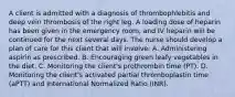 A client is admitted with a diagnosis of thrombophlebitis and deep vein thrombosis of the right leg. A loading dose of heparin has been given in the emergency room, and IV heparin will be continued for the next several days. The nurse should develop a plan of care for this client that will involve: A. Administering aspirin as prescribed. B. Encouraging green leafy vegetables in the diet. C. Monitoring the client's prothrombin time (PT). D. Monitoring the client's activated partial thromboplastin time (aPTT) and International Normalized Ratio (INR).