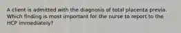 A client is admitted with the diagnosis of total placenta previa. Which finding is most important for the nurse to report to the HCP immediately?