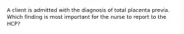 A client is admitted with the diagnosis of total placenta previa. Which finding is most important for the nurse to report to the HCP?