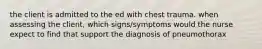 the client is admitted to the ed with chest trauma. when assessing the client, which signs/symptoms would the nurse expect to find that support the diagnosis of pneumothorax