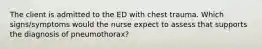 The client is admitted to the ED with chest trauma. Which signs/symptoms would the nurse expect to assess that supports the diagnosis of pneumothorax?