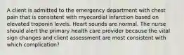 A client is admitted to the emergency department with chest pain that is consistent with myocardial infarction based on elevated troponin levels. Heart sounds are normal. The nurse should alert the primary health care provider because the vital sign changes and client assessment are most consistent with which complication?