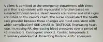 A client is admitted to the emergency department with chest pain that is consistent with myocardial infarction based on elevated troponin levels. Heart sounds are normal and vital signs are noted on the client's chart. The nurse should alert the health care provider because these changes are most consistent with which complication? SEE CHART IN TEXTBOOK (increasing heart rate, increasing RR, decreasing blood pressures over a period of 45 minutes) 1. Cardiogenic shock 2. Cardiac tamponade 3. Pulmonary embolism 4. Dissecting thoracic aortic aneurysm