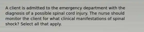 A client is admitted to the emergency department with the diagnosis of a possible spinal cord injury. The nurse should monitor the client for what clinical manifestations of spinal shock? Select all that apply.