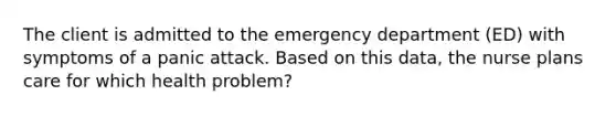 The client is admitted to the emergency department (ED) with symptoms of a panic attack. Based on this data, the nurse plans care for which health problem?