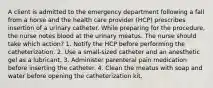 A client is admitted to the emergency department following a fall from a horse and the health care provider (HCP) prescribes insertion of a urinary catheter. While preparing for the procedure, the nurse notes blood at the urinary meatus. The nurse should take which action? 1. Notify the HCP before performing the catheterization. 2. Use a small-sized catheter and an anesthetic gel as a lubricant. 3. Administer parenteral pain medication before inserting the catheter. 4. Clean the meatus with soap and water before opening the catheterization kit.